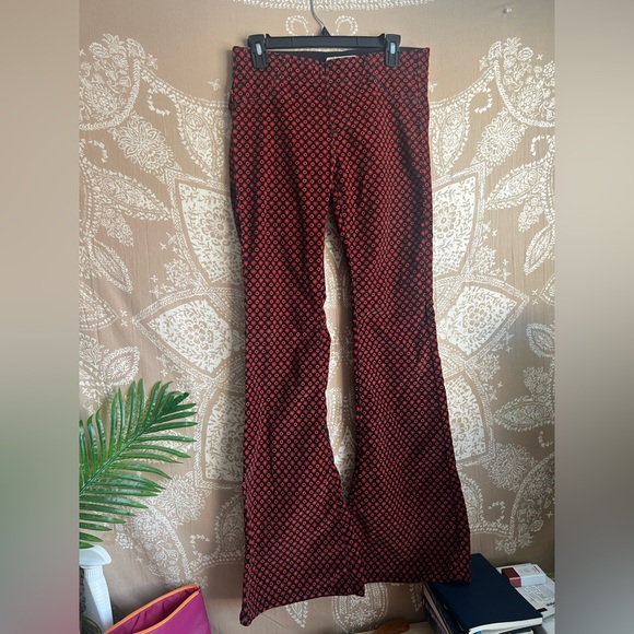 Free People Red & Black Corduroy Pull On Flare Party Pants - Picture 1 of 8